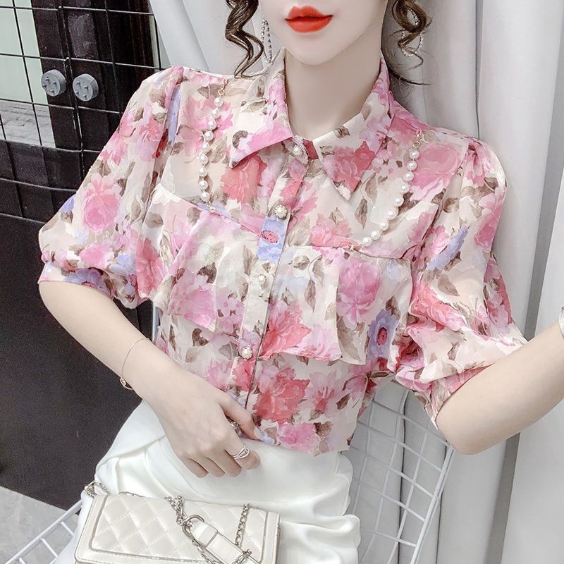 Áo Sơ Mi Nữ Plus Size Mùa Hè Ngọc Trai Ruffle Hoa Voan Áo Sơ Mi Tay Ngắn