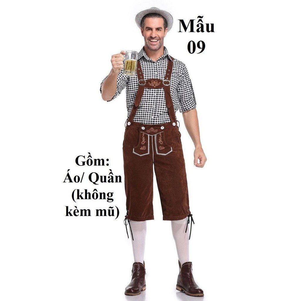 (Mẫu 9) Quần áo Nam Phục Vụ Bia Đức Áo Sơ Mi Sọc Caro Đen Quần Nâu/  Trang phục truyền thống lễ hội 