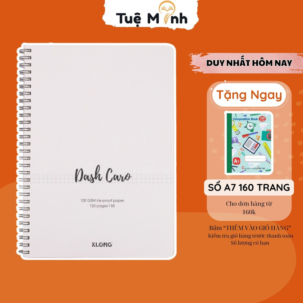 Vở Caro nét đứt 5x5mm 120 trang Ms 852 Klong lò xo kép B5 bìa nhựa trong suốt , tập sổ Klong Dash Ca