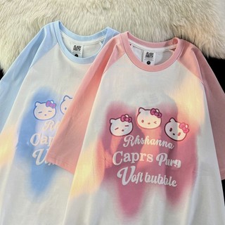 Áo thun nữ tay ngắn Hello Kitty Harajuku chắp vá hàng đầu mùa hè Áo thun đơn giản