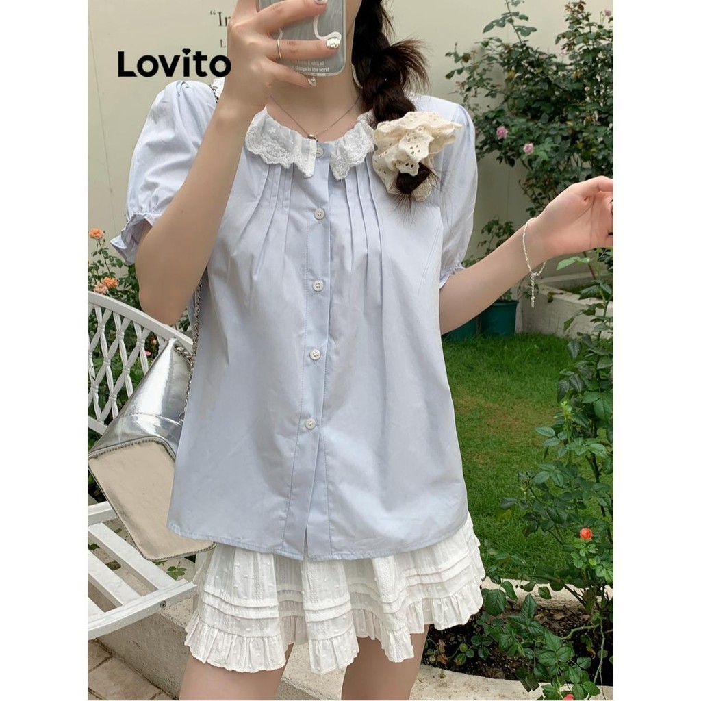 Lovito Áo cổ xếp nếp trơn đơn giản cho nữ LNA66049 | BigBuy360 - bigbuy360.vn