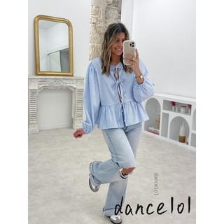 Dance1o1-áo sơ mi dài tay có kẻ sọc phía trước ba nơ