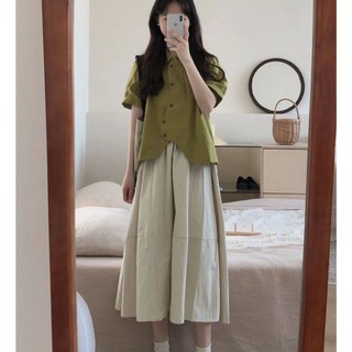 Phù hợp với nữ mới đại học gió búp bê cổ áo sơ mi tay ngắn top + vừa dài váy màu trơn