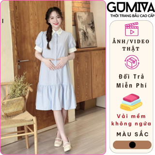  Đầm Bầu Váy Bầu Công Sở Thiết Kế Cổ Sơ Mi Kẻ Sọc Xanh Cao Cấp Dài Qua Gối Chất Vải Mát Cho Mùa Hè hàng cao cấp loại 1 