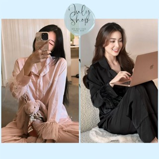 Đồ Ngủ Nữ, Bộ Ngủ Mặc Nhà Pijama JULY Lụa Latin Tay Dài Phối Lông Vũ Suông Cao Cấp Freesize