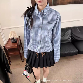Mm24 Mùa Hè Phong Cách Mới Phong Cách Hồng Kông Nữ Cao Cấp Thêu Retro Ánh Sáng Xanh Kẻ Sọc Áo Sơ Mi Dài Tay