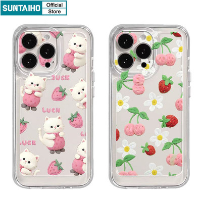 Suntaiho Thẩm Mỹ Dễ Thương Vỏ Điện Thoại Họa Tiết Dâu Mèo Cho Iphone 15 14 12 13 11 Pro Max IP 7 8 Plus Iphon X Xs XR Xs Max TPU Mềm Cao Cấp Chống Sốc Ốp Lưng