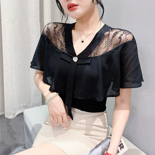 MIOU Thiết kế mùa hè với áo thun cotton cổ chữ V ren độc đáo, áo voan xù màu trắng dành cho nữ, mẫu mới 2025