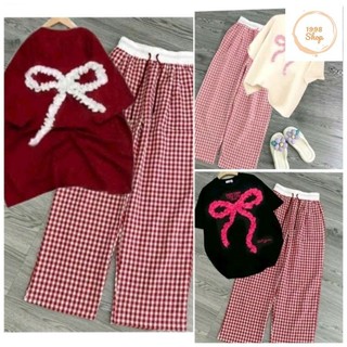  Sét Bộ quần ống rộng kẻ caro MINI đen + mix áo phông nơ rúm  phom rộng tay lỡ cotton 