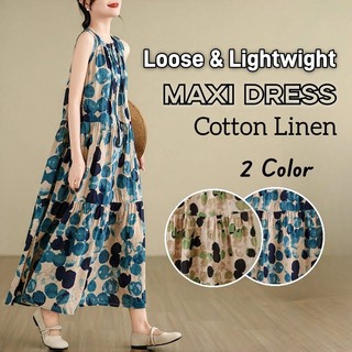 Váy Maxi hoa mùa hè Sleevless dành cho nữ Tầng giản dị Vintage Flowy Váy dài nữ Vải lanh Cotton dáng rộng Váy Maxi giản dị đi biển Váy chống nắng có túi