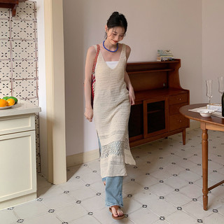 Aixili 2024 Mùa Hè Pháp Rỗng Eo Dệt Kim Ngày Lễ Xe Tăng Top Dress 11227