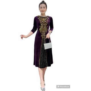 Đầm trung niên đi tiệc nhung ép đá cao cấp dáng midi size lớn 75kg, Đầm nhung trung niên đi tiệc Đầm trung niên đi tiệc