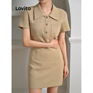 Đầm Lovito vải waffle dệt kim cài nút phía trước màu trơn phong cách preppy cho nữ L86ED068