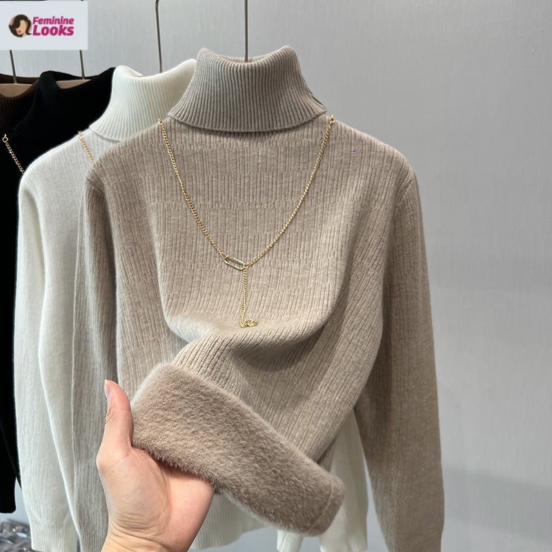 Áo Len Một Mảnh Cổ Cao Lót Lông Cừu Dày Phong Cách Hàn Quốc