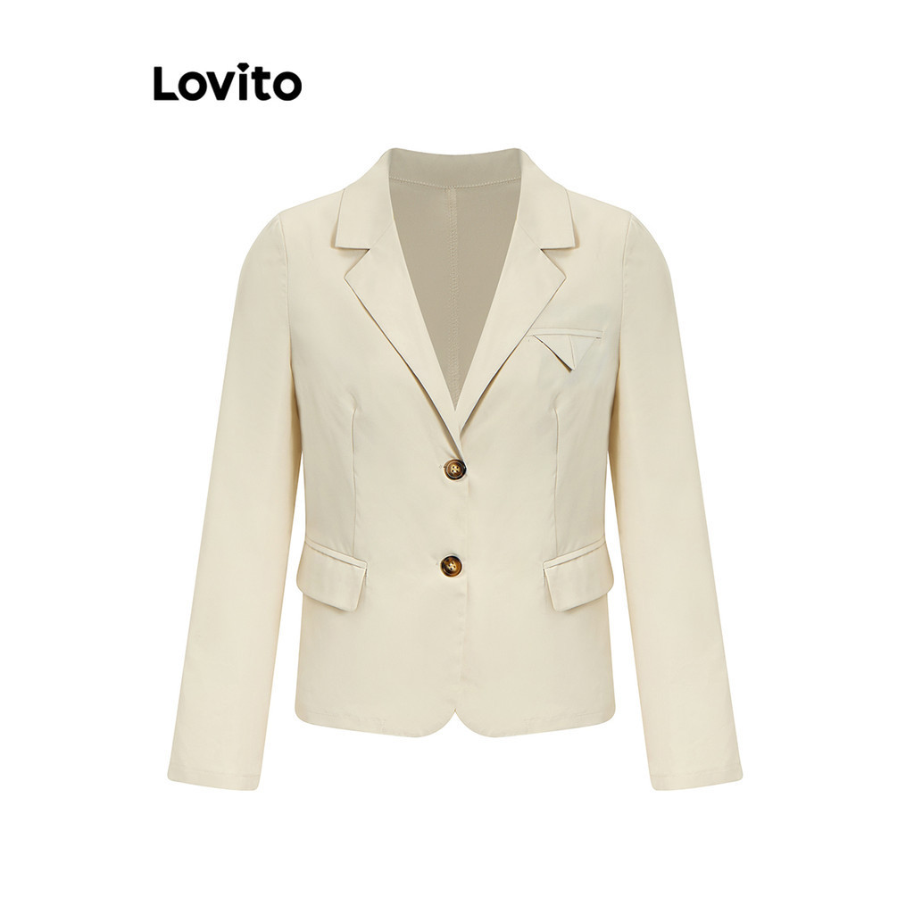 Áo blazer Lovito có nút màu trơn phong cách thường ngày cho nữ LNE36292 (Trắng nhạt/Đen)