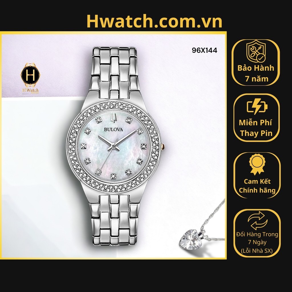 [Có sẵn] [Chính hãng] Đồng Hồ Nữ Bulova Pin 96X144 Dây Thép Vỏ Trắng Mặt Khảm Trai Đính Đá  Swarovsk