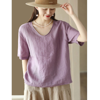 Phong Cách Dân Tộc Vải Lanh Cotton Ngắn Tay Nguyên Chất Thêu Áo Thun Mùa Hè Phong Cách Mới Retro Vải Lanh Cotton Top Nữ Rời Ôm Hơn Nhìn Cổ Chữ V Tay Ngắn Áo Thun Nữ Màu Trơn Áo Sơ Mi Vải Lanh Cotton 