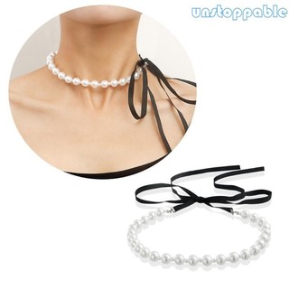 Unstop * Gothic Vòng Cổ Dài Rộng Đen Nhung Ruy Băng Choker Nữ Cưới Vintage Giả Ngọc Trai Có Thể Điều Chỉnh Nơ Cổ