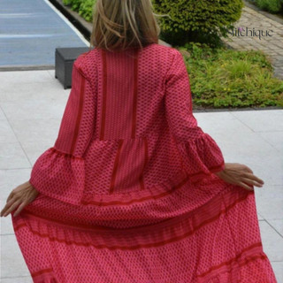 Stitchique _ Women In Hình Học Chắp Vá Đầm Maxi Cổ Chữ V Cổ Hồng Tay Áo Dài Rời Phù Hợp Với Ngày Lễ Bãi Biển Nhân Quả Đầm