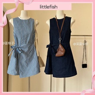 [Littlefish] 2024 Phong Cách Mới Sang Trọng Tính Khí Thanh Lịch Đi Lại Hai Màu Không Tay Mùa Hè Phong Cách Mới Cổ Tròn Bé Gái Ôm Hơn Nhìn Rộng Thắt Lưng Dây Buộc