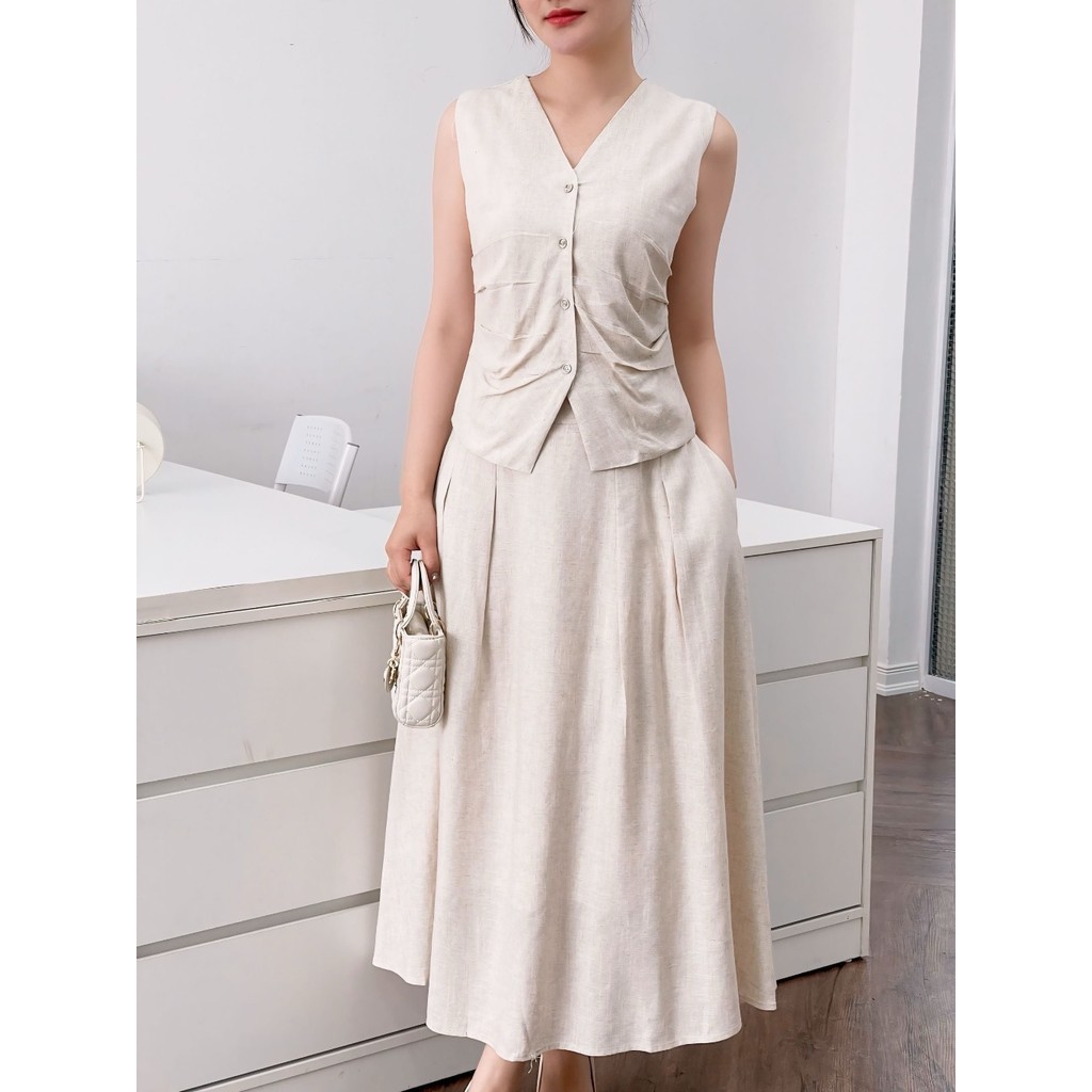 Set bộ công sở Ghile + chân váy xòe dáng dài chất đũi thô lót lụa cao cấp Emvy Fashion s25