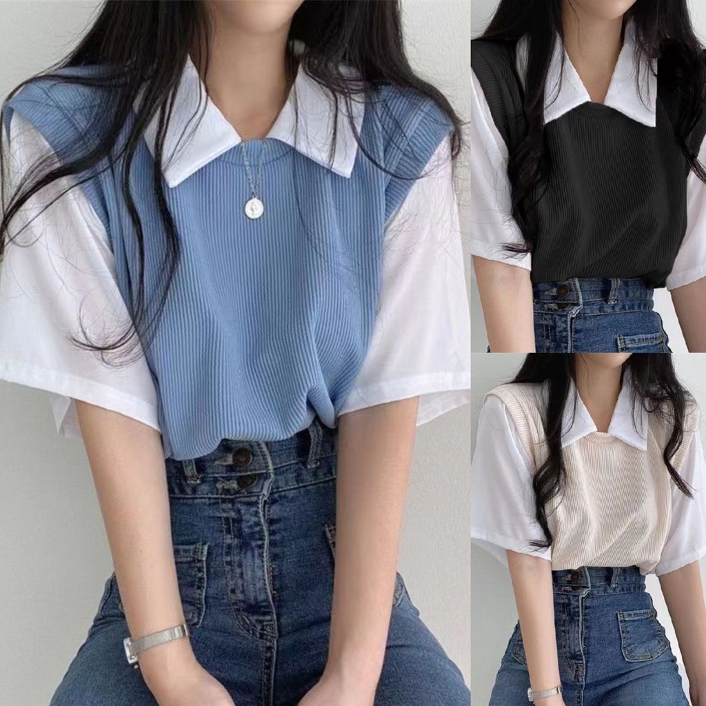 Áo Thun Polo Có Ve Áo Giả Hai Mảnh Phong Cách Đại Học Ngắn Tay Áo Thun Nữ Dáng Rộng Giản Dị Đa Năng CH0040