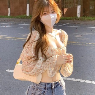 Cao Cấp Ôm Hơn Nhìn Xương Đòn Cô Gái Nóng Gợi Cảm Tay Phồng Nữ Áo Sơ Mi Hoa Phong Cách Hàng Đầu Ngắn Phong Cách Rốn Lộn Mùa Xuân Đầu Nguyên Chất 3OHF