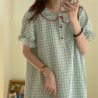 817 Váy ca rô ngắn tay màu vàng xanh 2024 Influencer ins Style Kích thước lớn Bộ đồ ngủ cao cấp Nhà dành cho nữ