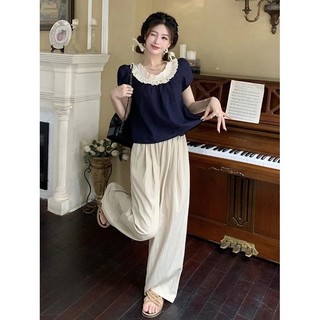 Bộ Đồ Thời Trang Nữ Mùa Hè Ngọt Ngào Khâu Ren Áo Sơ Mi Tay Ngắn Phù Hợp Với Eo Cao Mỏng Hơn Nhìn Rời Rộng-Le