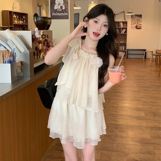 Váy Ngắn Nhỏ Đường Váy Váy Hiển Thị Nửa Chiều Dài Không Tay Phối Ren Áo Vest Ngọt Ngào Hai Mảnh Nơ Nhẹ Nhàng NTM