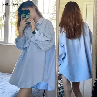 Áo sơ mi cổ đứng MAIFUWEI màu xanh có tay dài và rộng rãi để mặc quần áo nữ mùa xuân thông thường, "đi đến những nơi có gió"