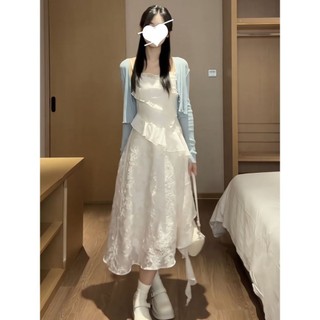 Váy Dài Ngọt Ngào Kiểu Pháp Bộ Váy Liền Hai Dây Tiên Nữ Viền Bèo Cảm Giác Thiết Kế Tôn Dáng Gầy Chít Eo Phong Cách Hàn Q