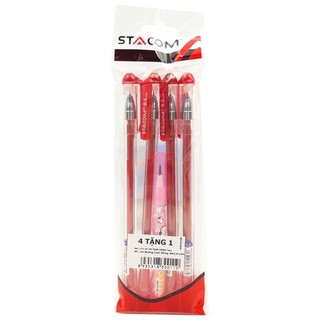 Vỉ 4 Bút Bi Mực Gel Nắp Đậy - 0.5mm Stacom-VGP1025_V - Mực Đỏ - Kèm 1 Bút Chì PC202