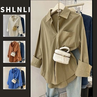 Áo Sơ Mi Tay Dài Cổ Polo Nữ Xuân Thu Dài Vừa Rời Màu Trơn Top