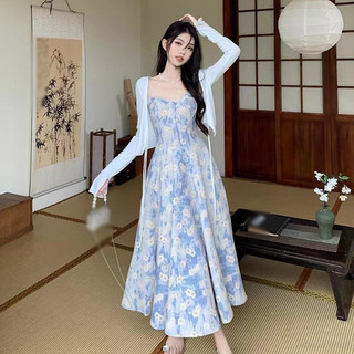 Váy dài giải trí dành cho nữ Hoa mảnh Tranh sơn dầu Váy yếm