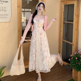  Bộ Váy Dài Hai Dây Hoa Bèo Nhún Váy Liền Tôn Dáng Gầy Áo Cardigan Chống Nắng Phong Cách Dịu Dàng Xuân Hè Cho Nữ 