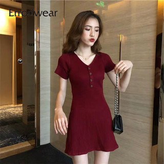 Misiwear Nữ Mini Dress 2024 Tất Cả Trận Đấu Màu Trơn Cổ Chữ V Thường Ôm Vừa V Váy Ngắn Tay