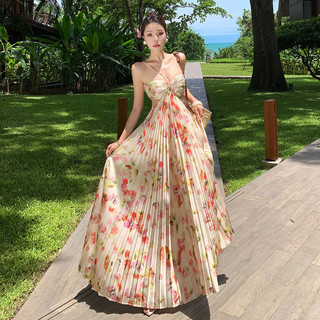 Đầm dây lớn gợi cảm Đầm hoa Tính khí eo hẹp mỏng hơn Nhìn xếp li xếp li dài dây phong cách Sling Đầm nữ mùa hè Dây dài hoa