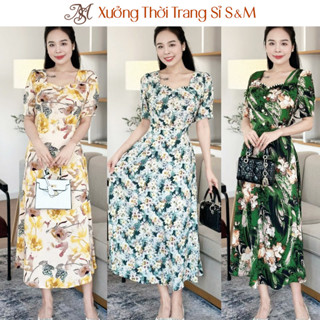 Đầm hoa trung niên form dài, cổ đính ngọc đính nút, tay phồng S&M - GR0312 (Hình thật shop chụp)