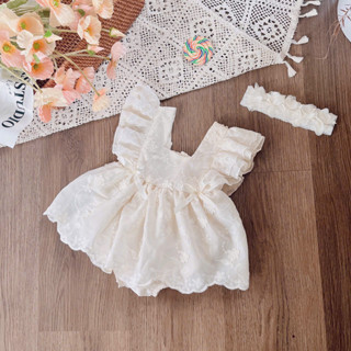 Set Body Váy Thêu Hoa Nổi Màu Kem Cho Bé Gái Sơ Sinh 1 2 Tuổi MINTSCLOSET - BV7153