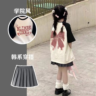  Bộ áo thun ngắn tay cho bé gái phong cách Hàn Quốc bộ quần áo mới cho trẻ em váy xếp ly phong cách thoải mái cho bé gái bộ hai mảnh 9633 
