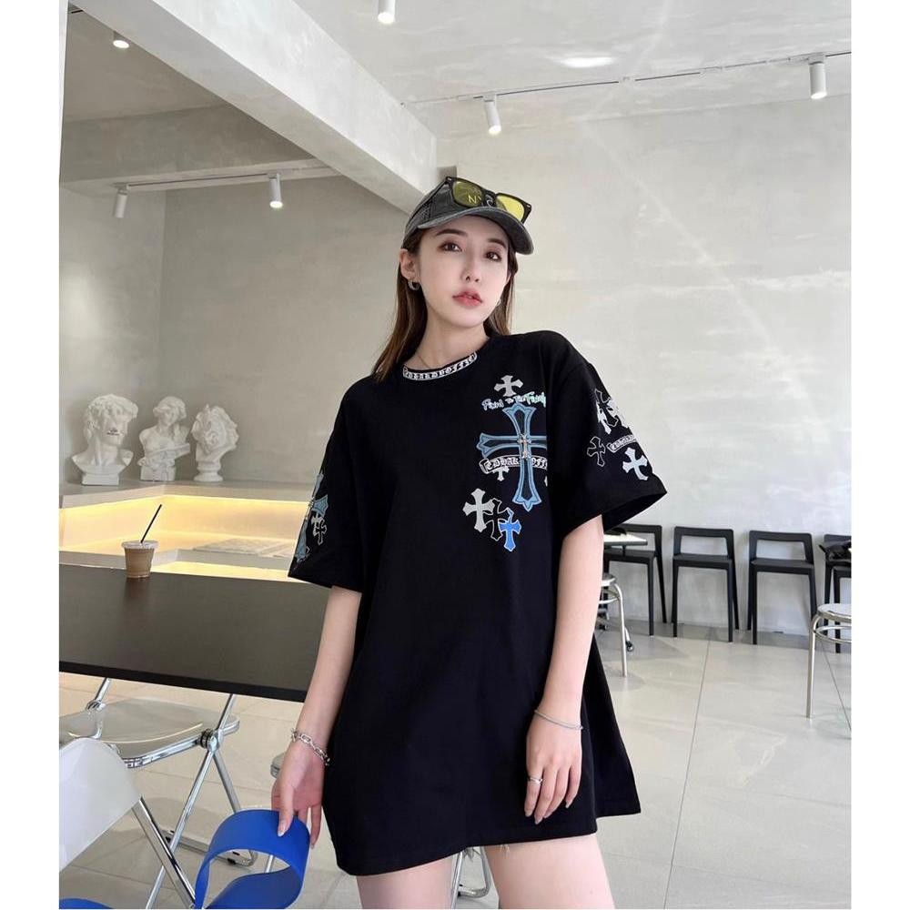 Chrome Hearts Chrome Hearts Mùa Hè Ngực Chéo Cotton Nửa Tay Màu Đen Mỏng Hơn Nhìn Áo Thun Tay Ngắn