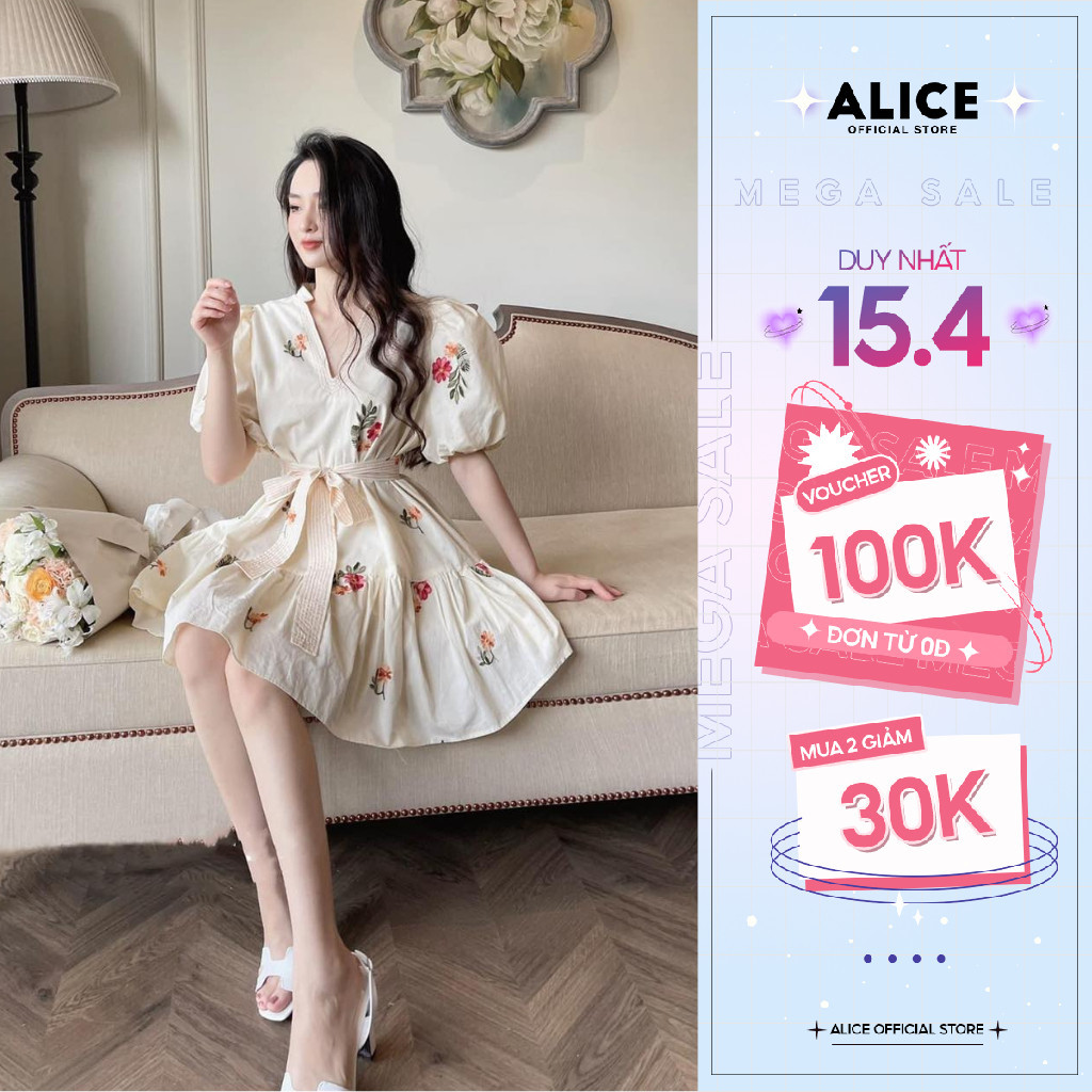 Váy Xoè Freesize Dưới 65kg Vải Thô Thêu Hoa Nổi Kèm Đai Eo ALICE Thiết Kế Tay Bồng Tiểu Thư, Cổ Chữ V Xinh Xắn  V1069