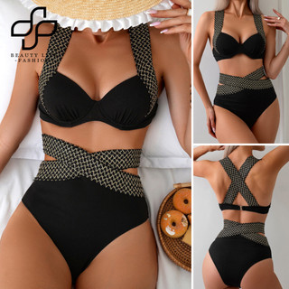 Bộ đồ bơi lưng cao Bộ đồ bơi màu tương phản Bộ 2 Bikini nữ sành điệu với quần bơi lưng cao Đồ bơi khô nhanh cho bãi biển mùa hè Kỳ nghỉ lưng chéo