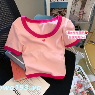 Chu MAN JIA Áo thun nữ giản dị ngọt ngào đơn giản Ice Silk Thread Love Print Top