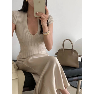 Suxi - Áo thun dệt kim ngắn tay cổ chữ V đa năng tối giản dành cho nữ 240423