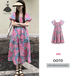 Crlnhc đầm dài in hoa nữ cổ vuông thanh lịch tay phồng xếp ly váy vn