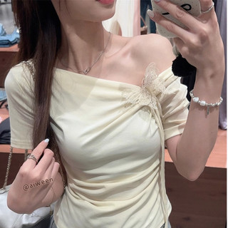 Áo Coquette Tay Ngắn Áo Kiểu Nữ ôm body Áo thun ngắn tay lệch vai xếp li không đều dành cho nữ mùa hè S