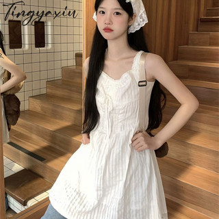 Tingyaxiu Váy treo trắng nữ kiểu Pháp ngọt ngào ren váy ngắn giảm béo eo nhiều lớp váy