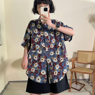 Hồng Kông Hoạt Hình Mèo Áo Sơ Mi Tay Ngắn Cổ Mới Retro Hồng Kông Hương Vị Rời Xu Hướng Áo Sơ Mi Áo Sơ Mi Thời Trang Tie-in Ngắn SPolo Cổ Hoa Nửa Tay Shi